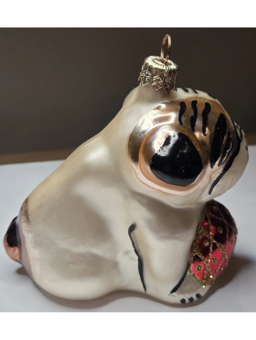 Christopher Radko Glass Pug Dog Christmas Ornament Holding Red Glitter Ball #3